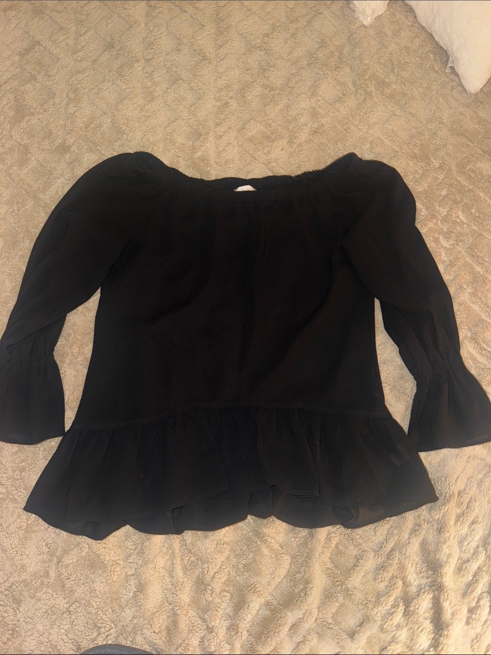 Bisou Bisou Black Off-Shoulder Ruffle Hem Blouse